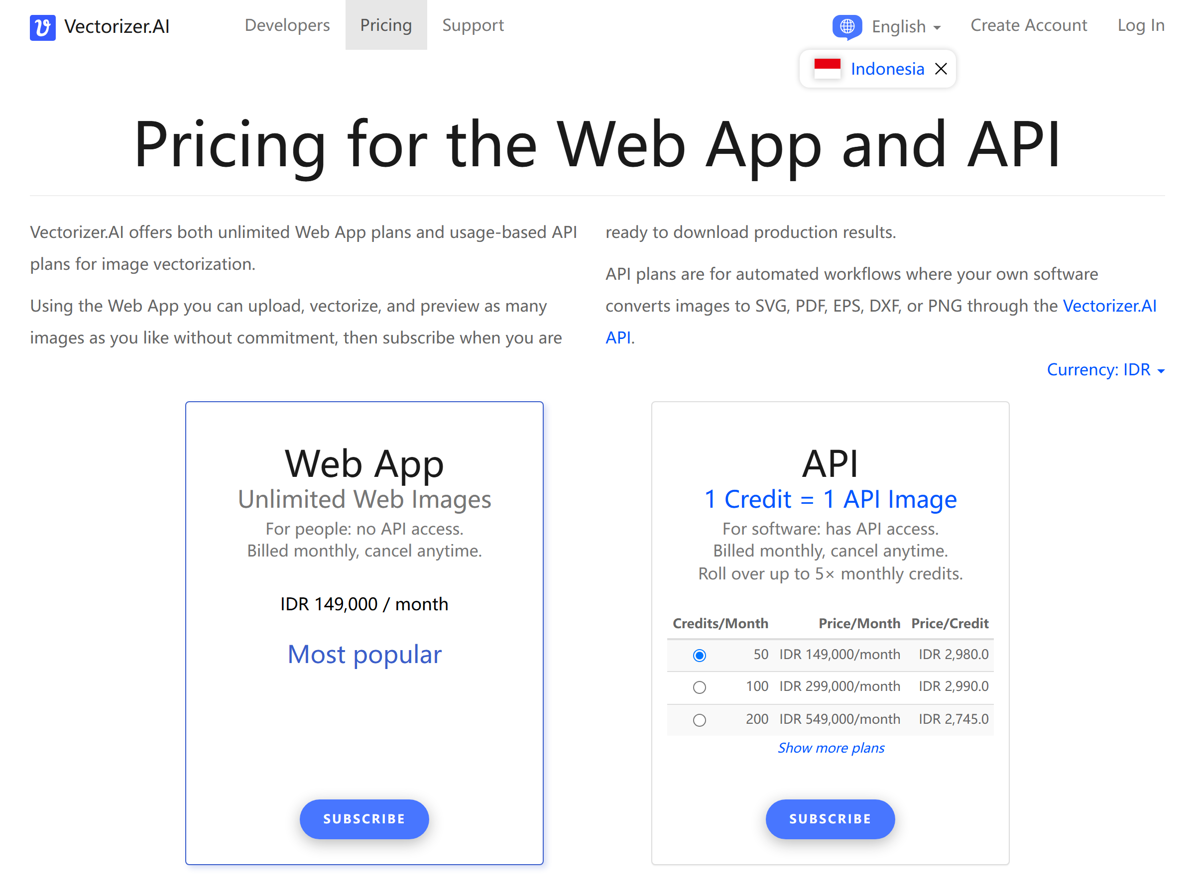 Vectorizer.AI Pricing