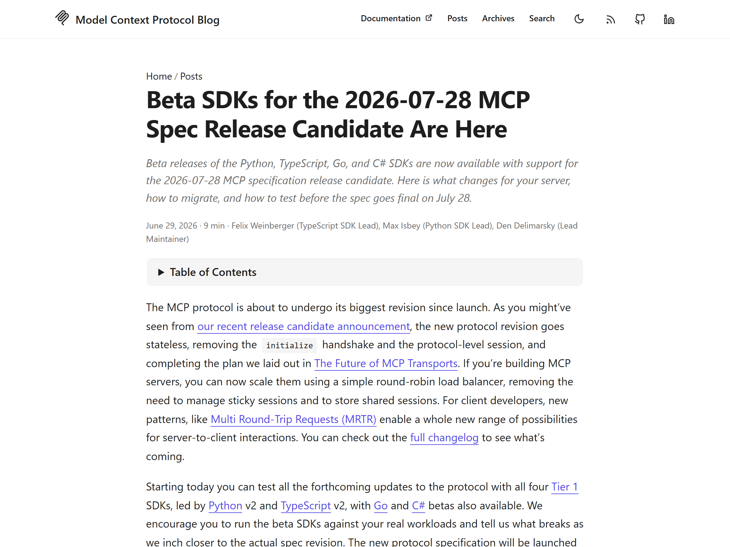 MCP Blog - Beta SDKs for 2026-07-28 spec