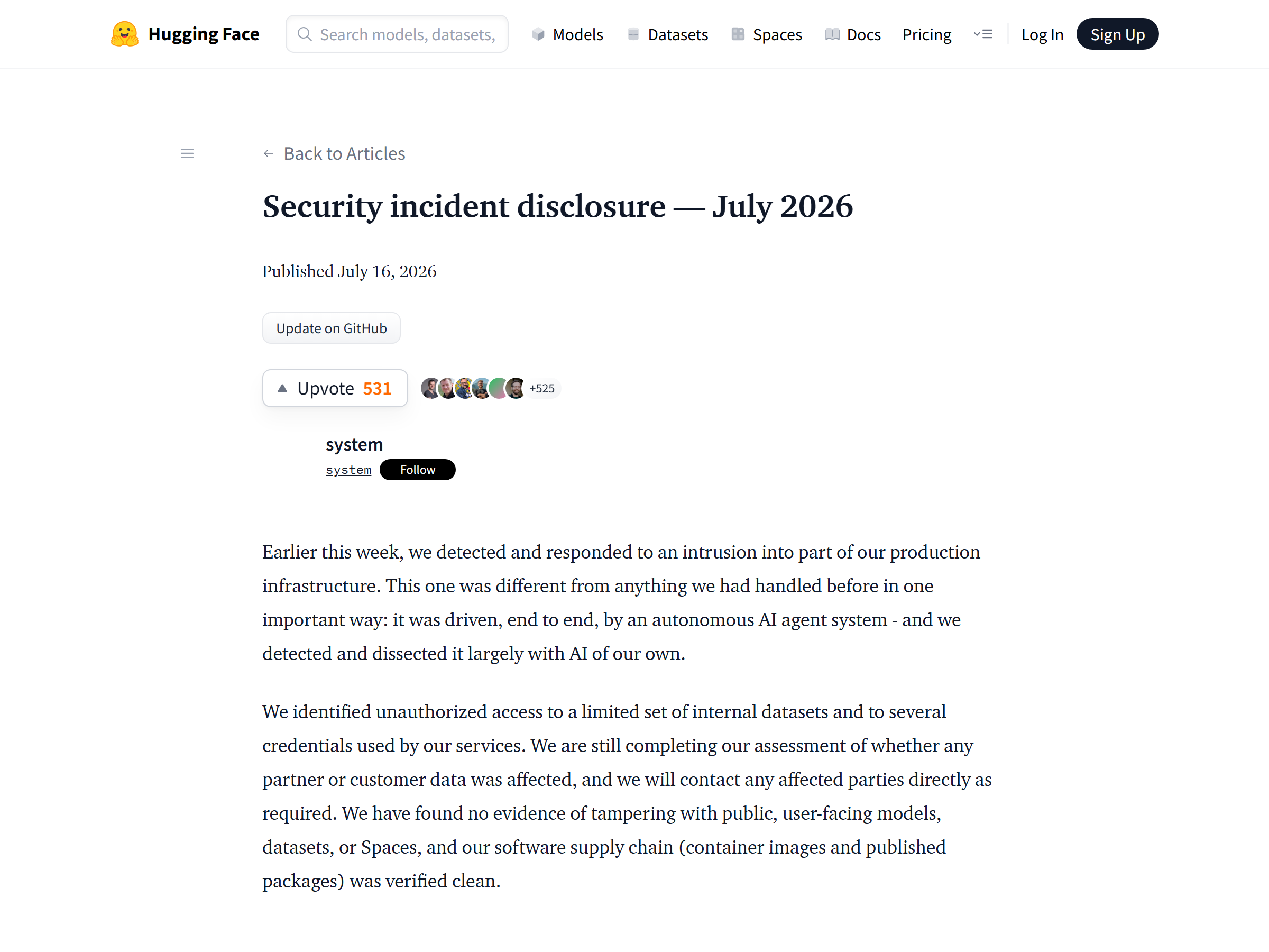 Hugging Face Security Incident Disclosure