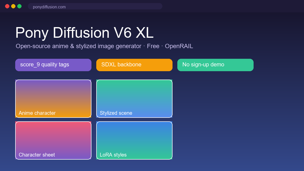 Pony Diffusion V6 XL - Free Open-Source Anime & Stylized Image Generator