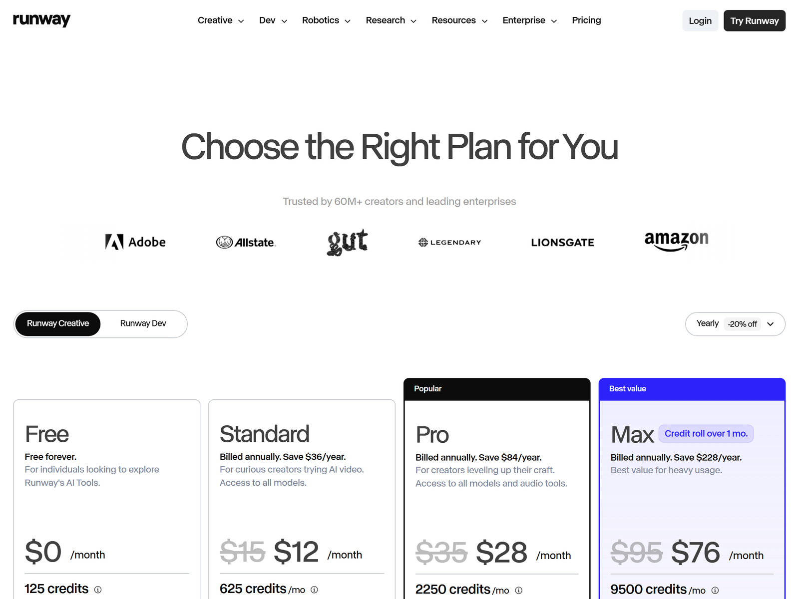 Runway Gen-4.5 Pricing Plans