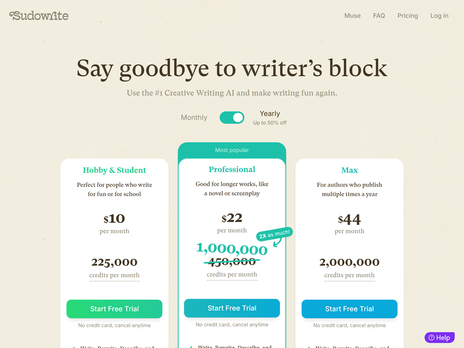 Sudowrite Pricing Plans