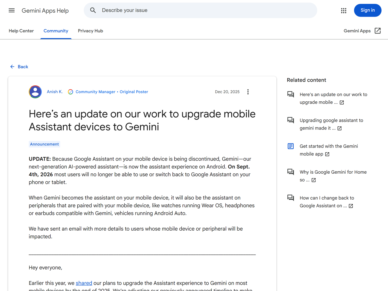 Google support: Assistant to Gemini transition on Android