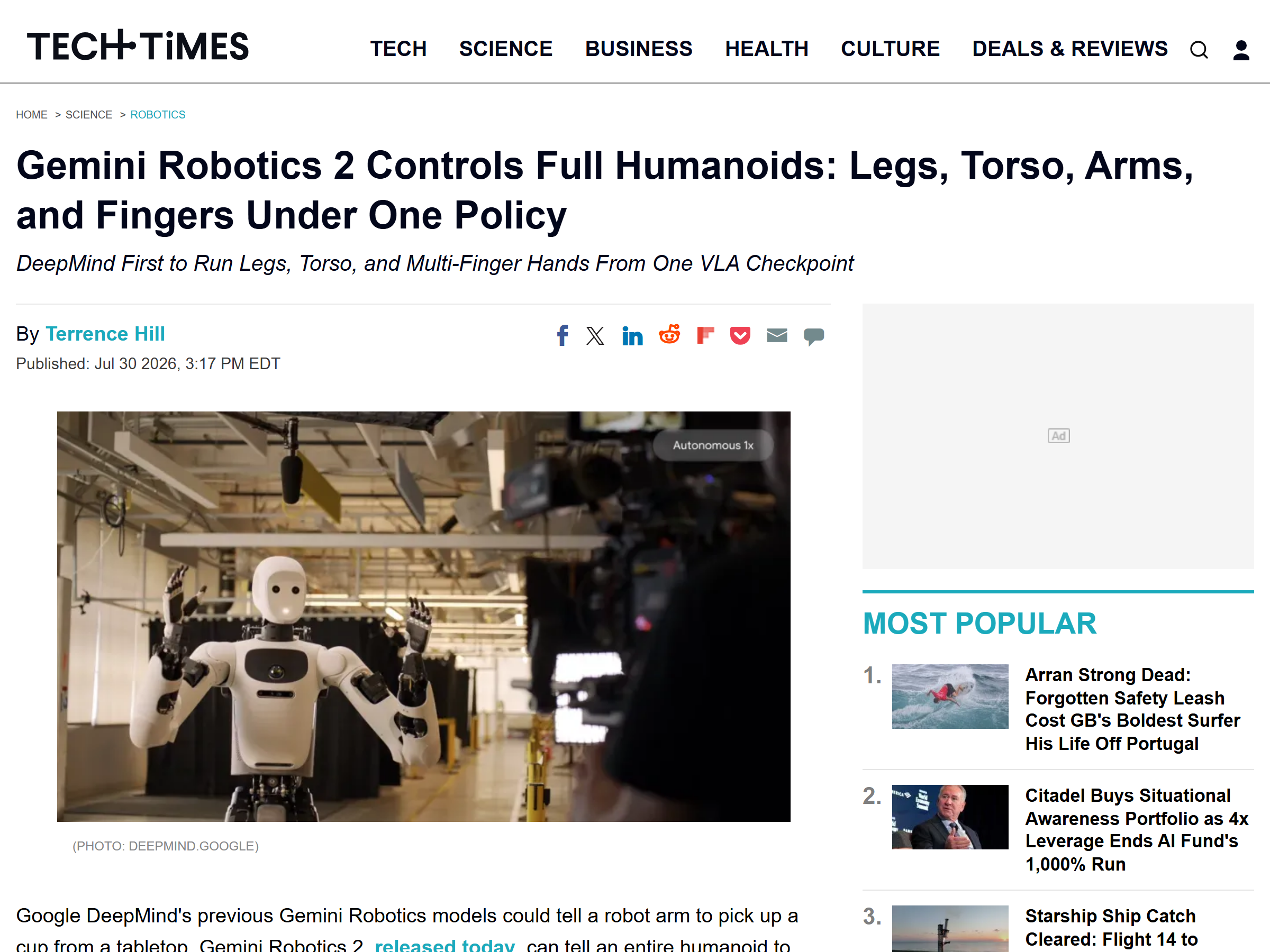 TechTimes: Gemini Robotics 2 full humanoid control