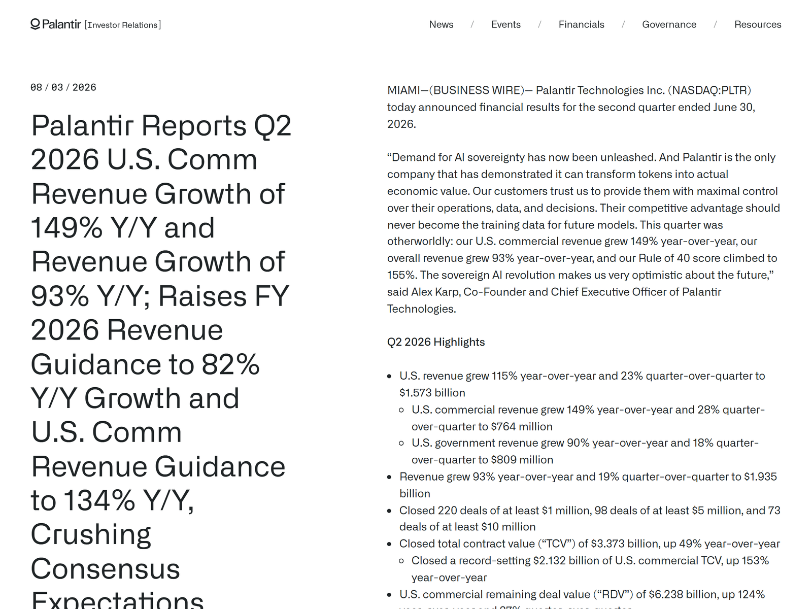 Palantir Q2 2026 Earnings Release