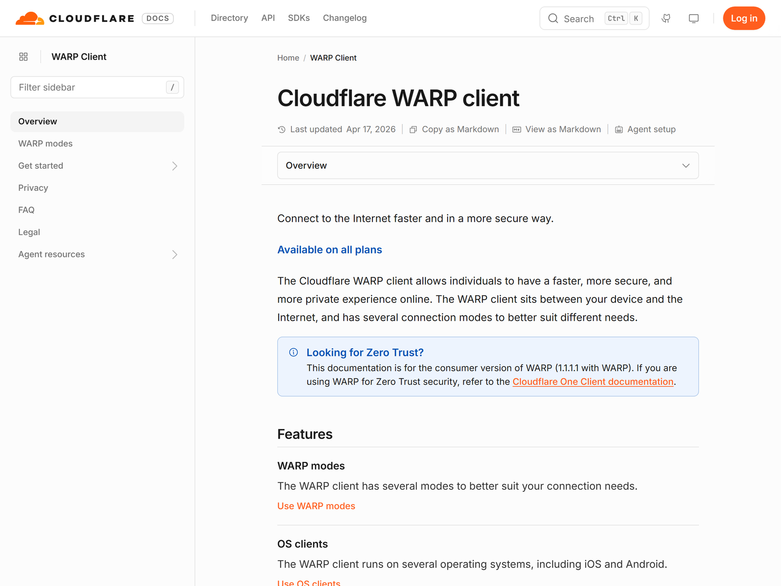 Cloudflare WARP client official documentation