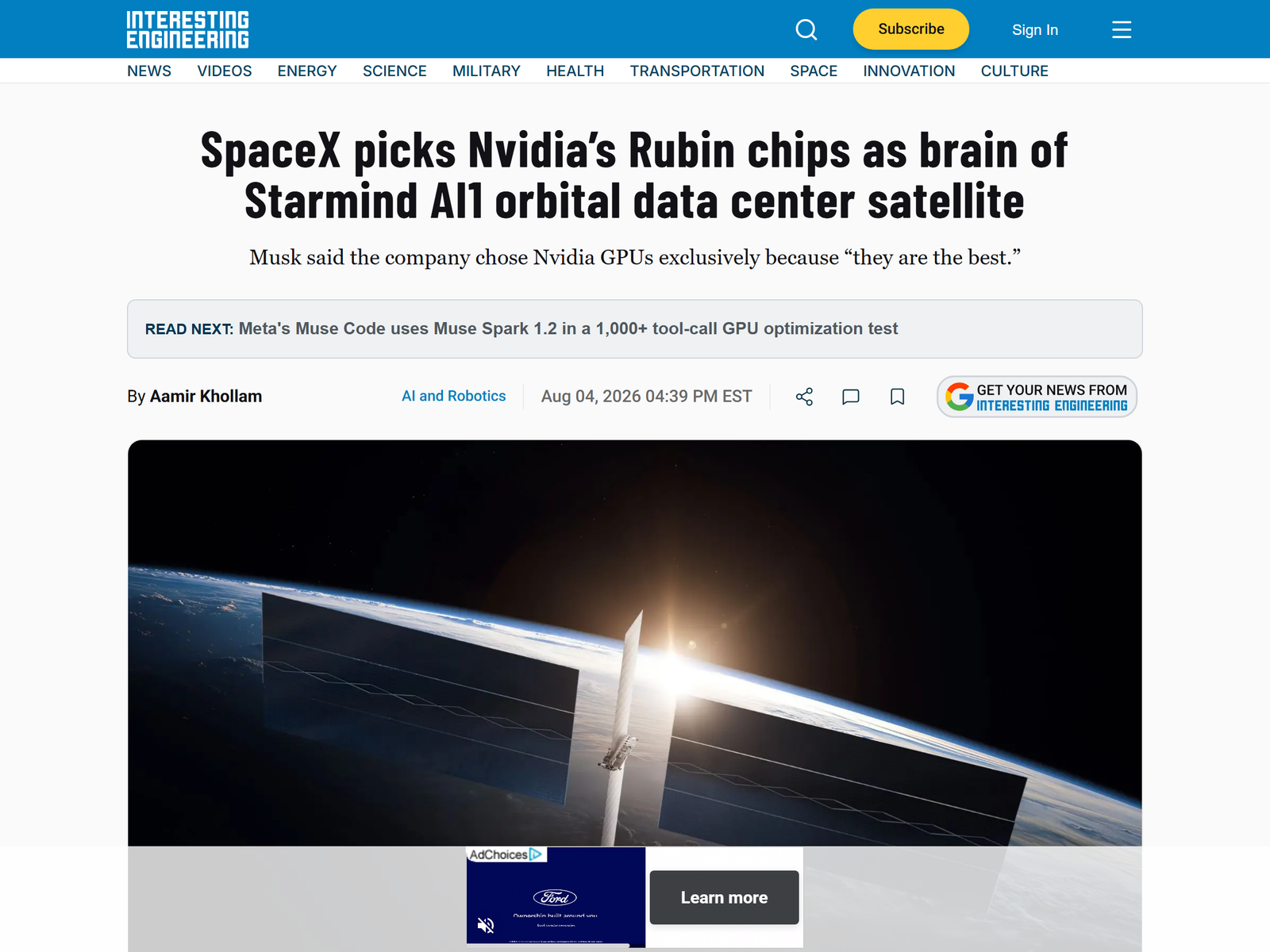 Interesting Engineering - SpaceX NVIDIA Starmind AI1 Satellite