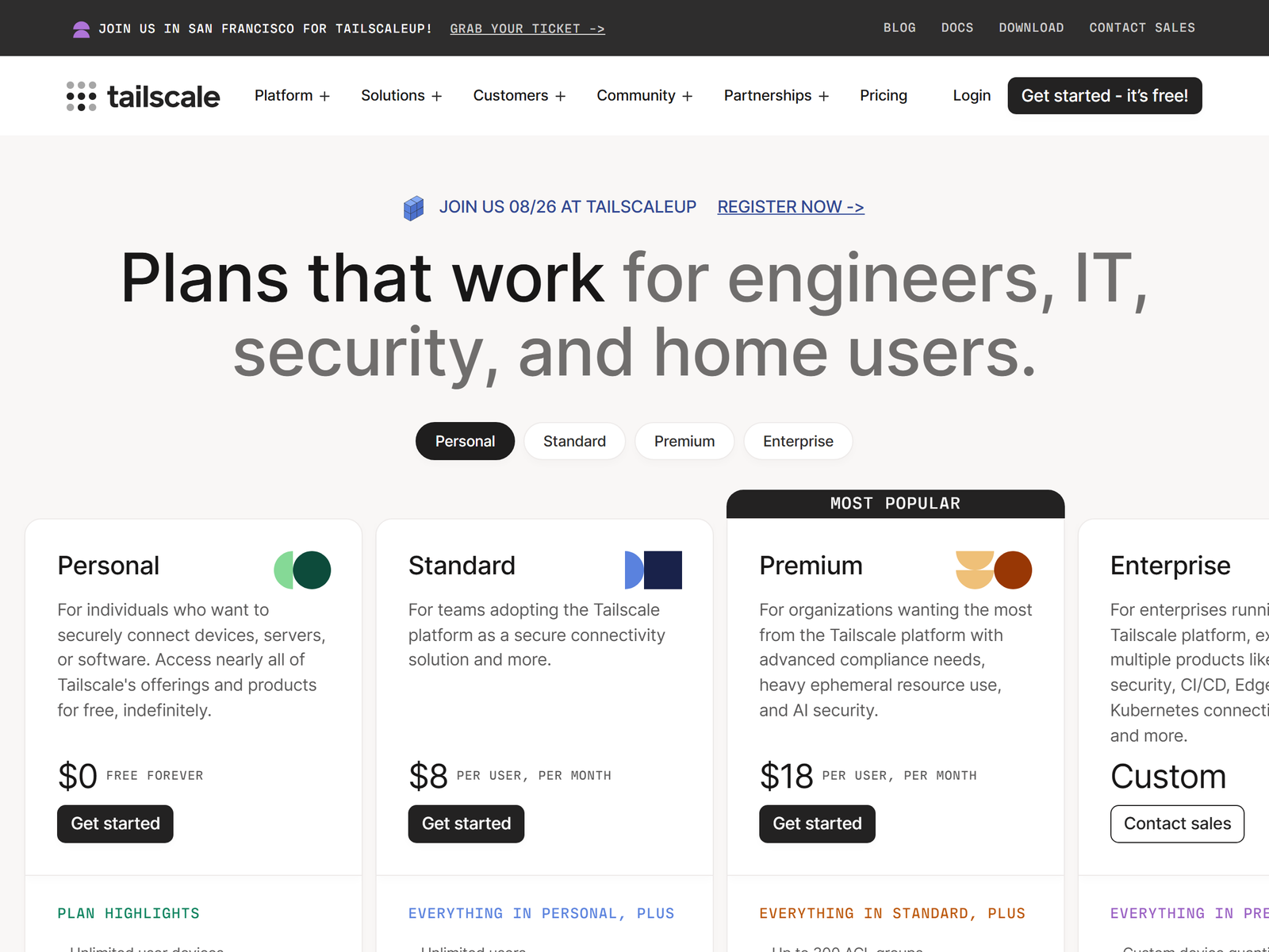 Tailscale official pricing page
