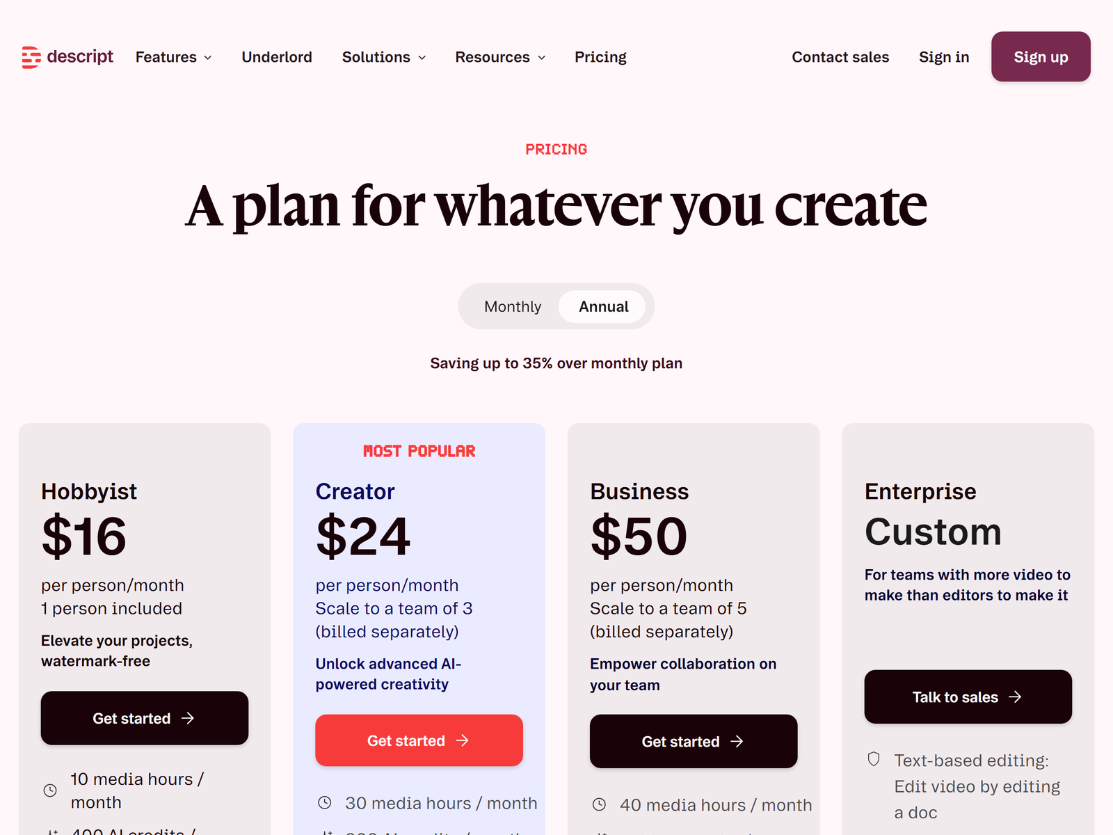 Descript Pricing Plans