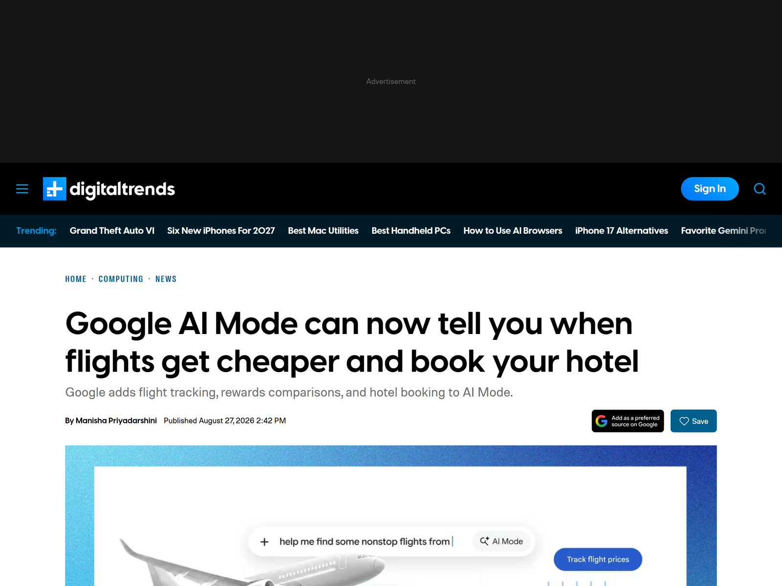 Digital Trends: AI Mode flight tracking