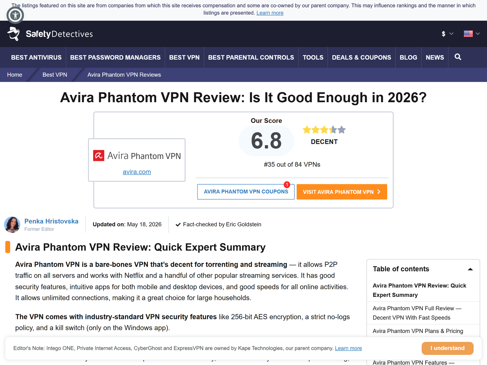 SafetyDetectives Avira Phantom VPN test report