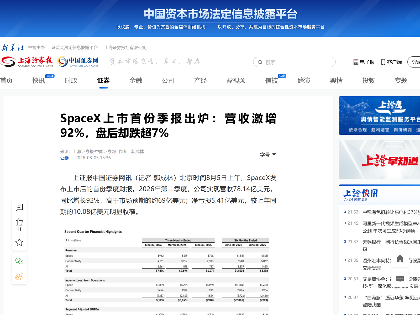 CNStock - SpaceX Q2 2026 Earnings Report