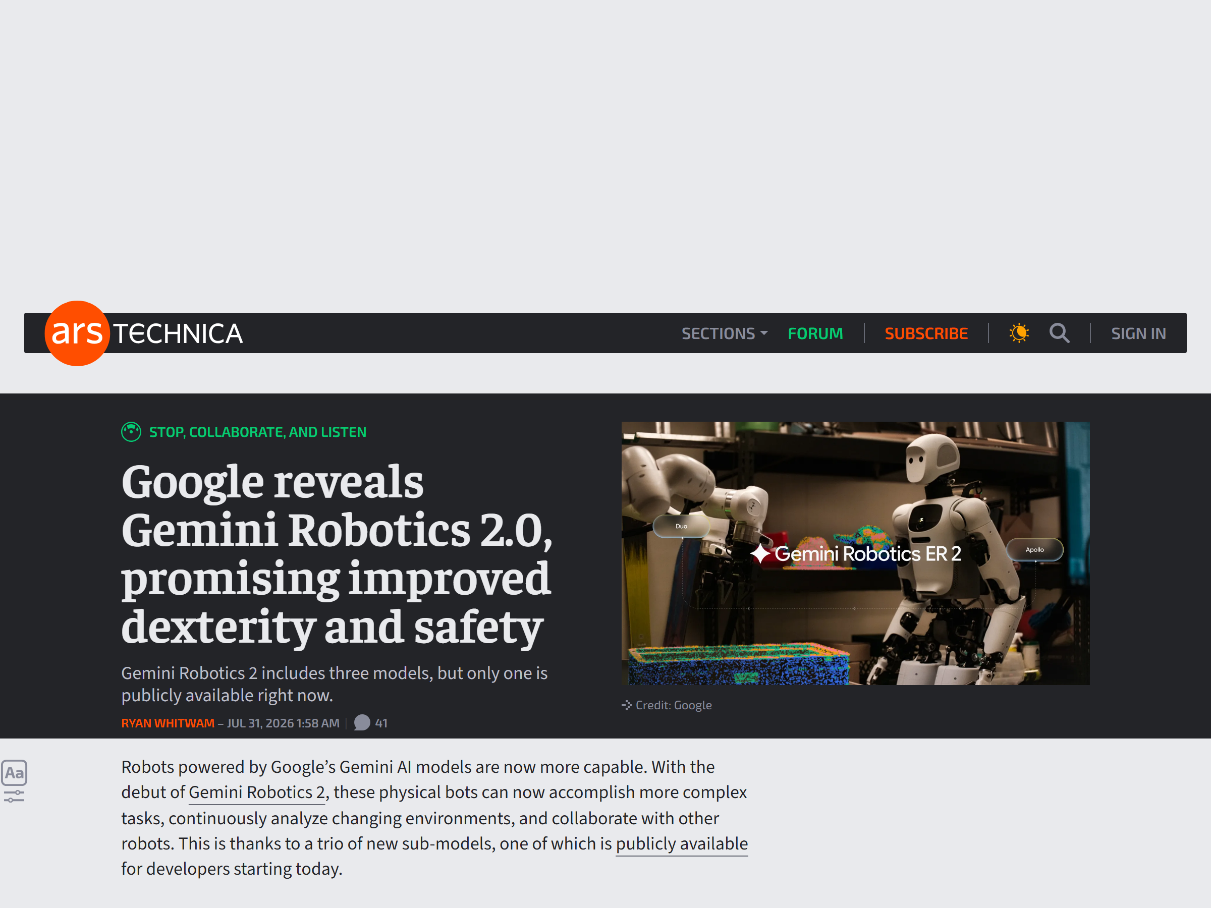Ars Technica: Gemini Robotics 2 dexterity and safety