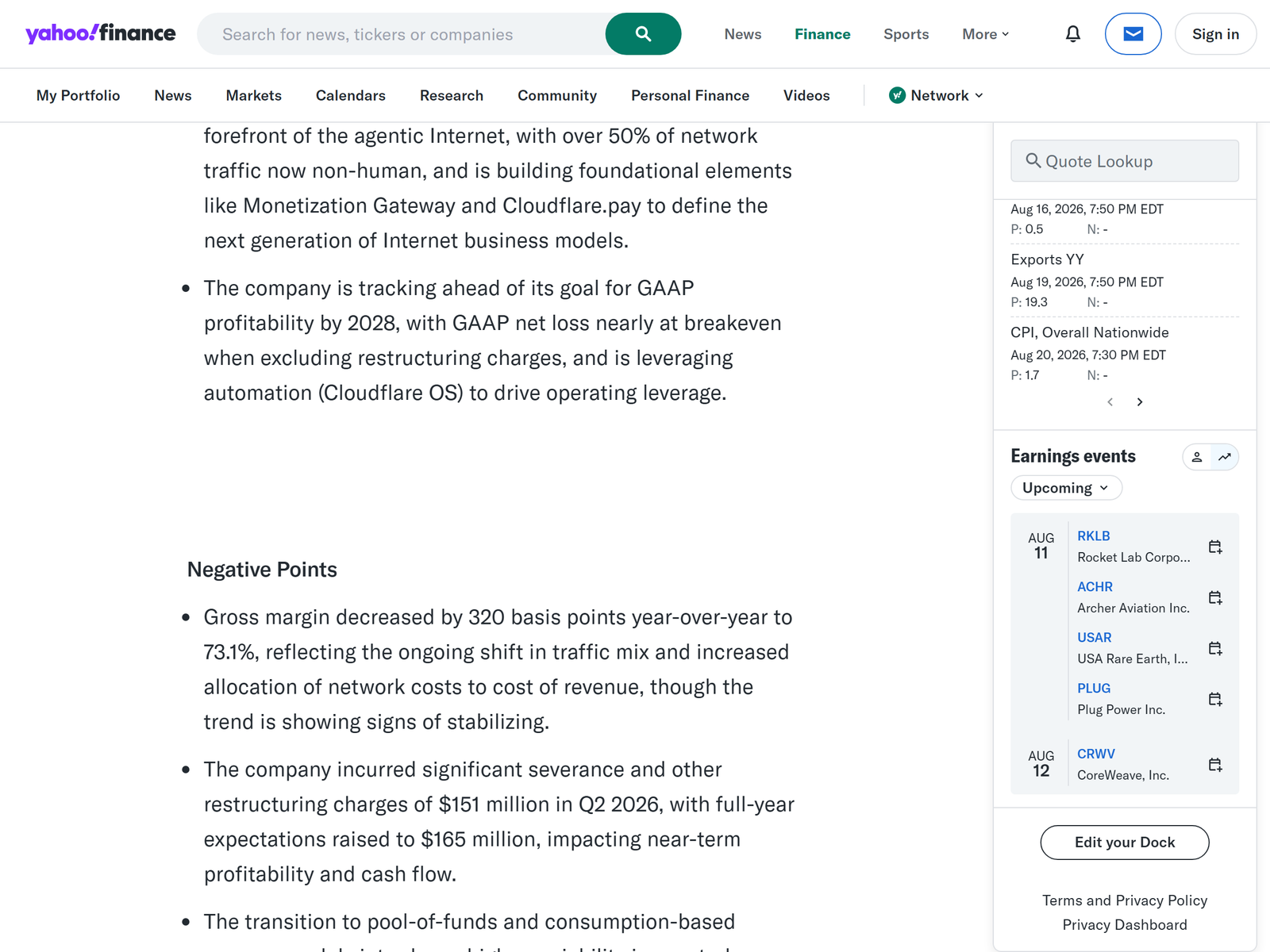 Yahoo Finance: Cloudflare Q2 2026 Earnings Call Highlights