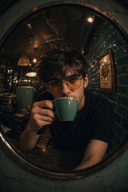 Preview of prompt 357 - Fisheye Mirror Vintage Café Portrait