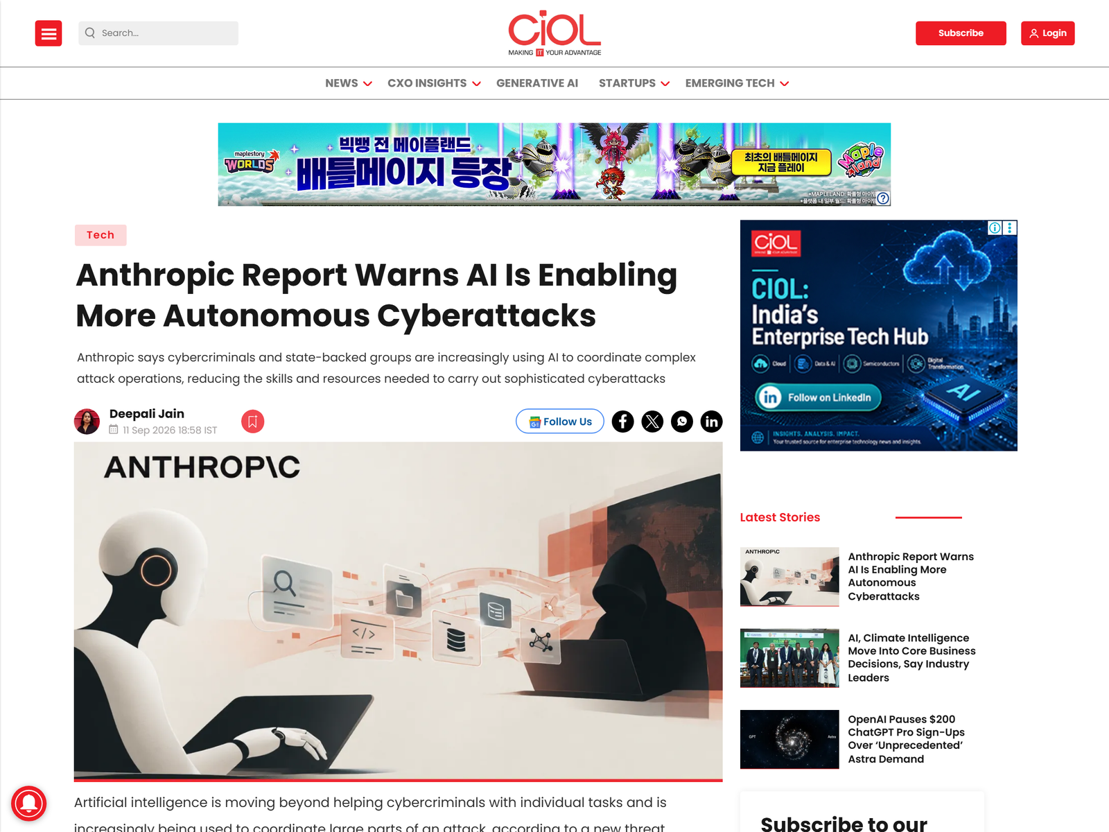 CIOL — Anthropic AI autonomous cyberattacks threat report