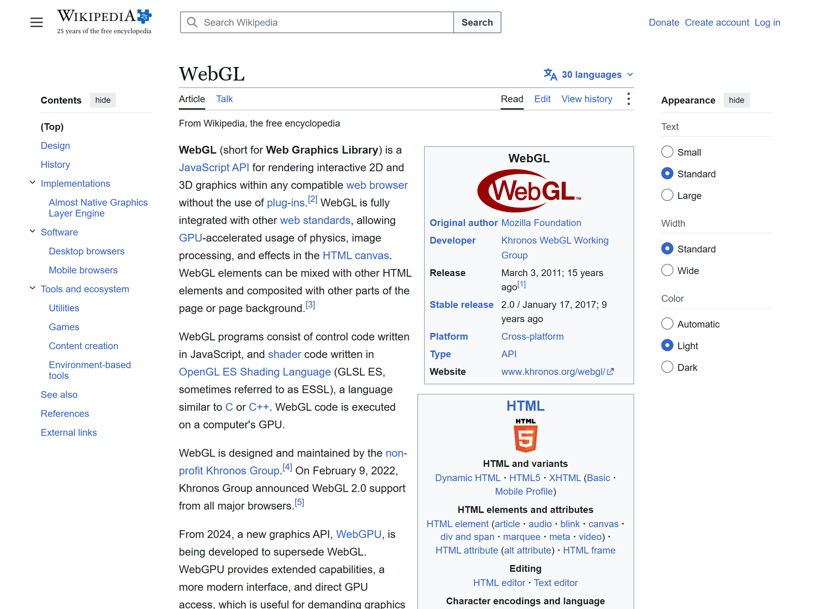 WebGL on Wikipedia