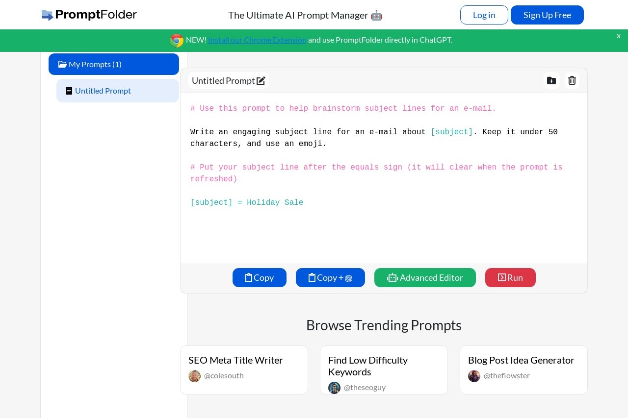 PromptFolder dashboard showing folders and saved prompts
