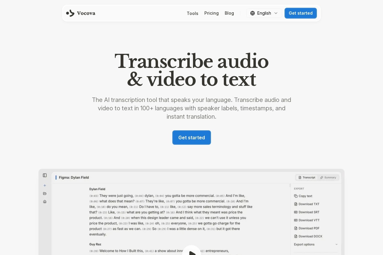 Transcribe Audio & Video to Text in 100+ Languages | Vocova