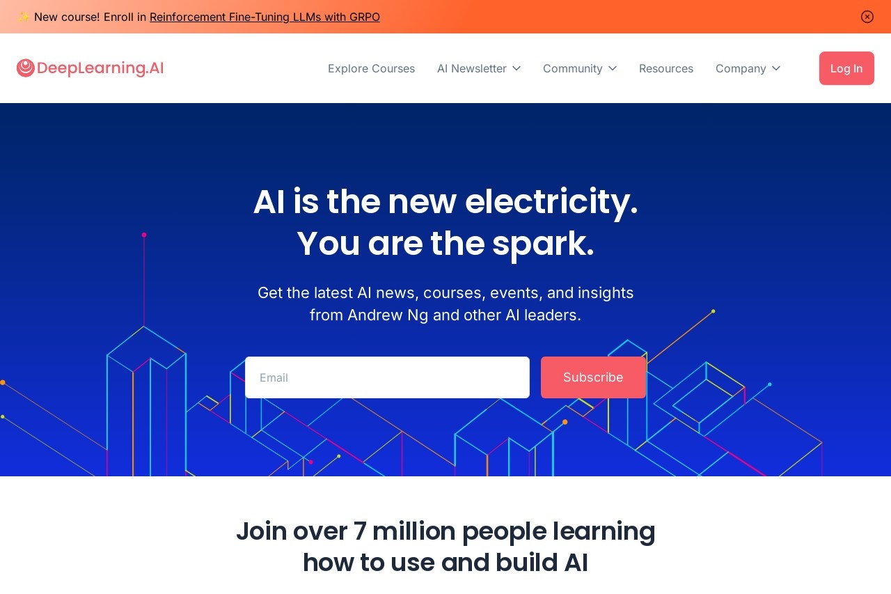 DeepLearning.AI homepage hero illustration showing AI learning journey