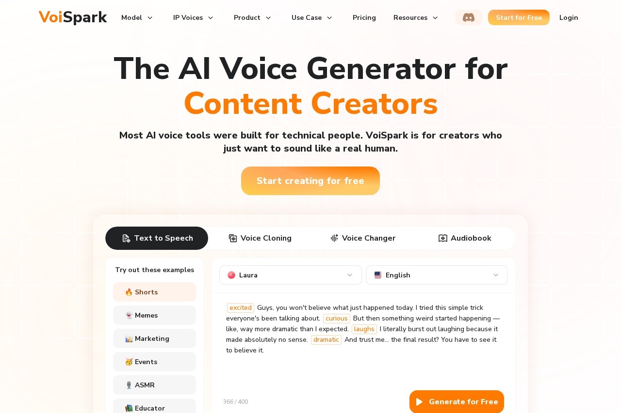 VoiSpark AI voice generator dashboard and interface